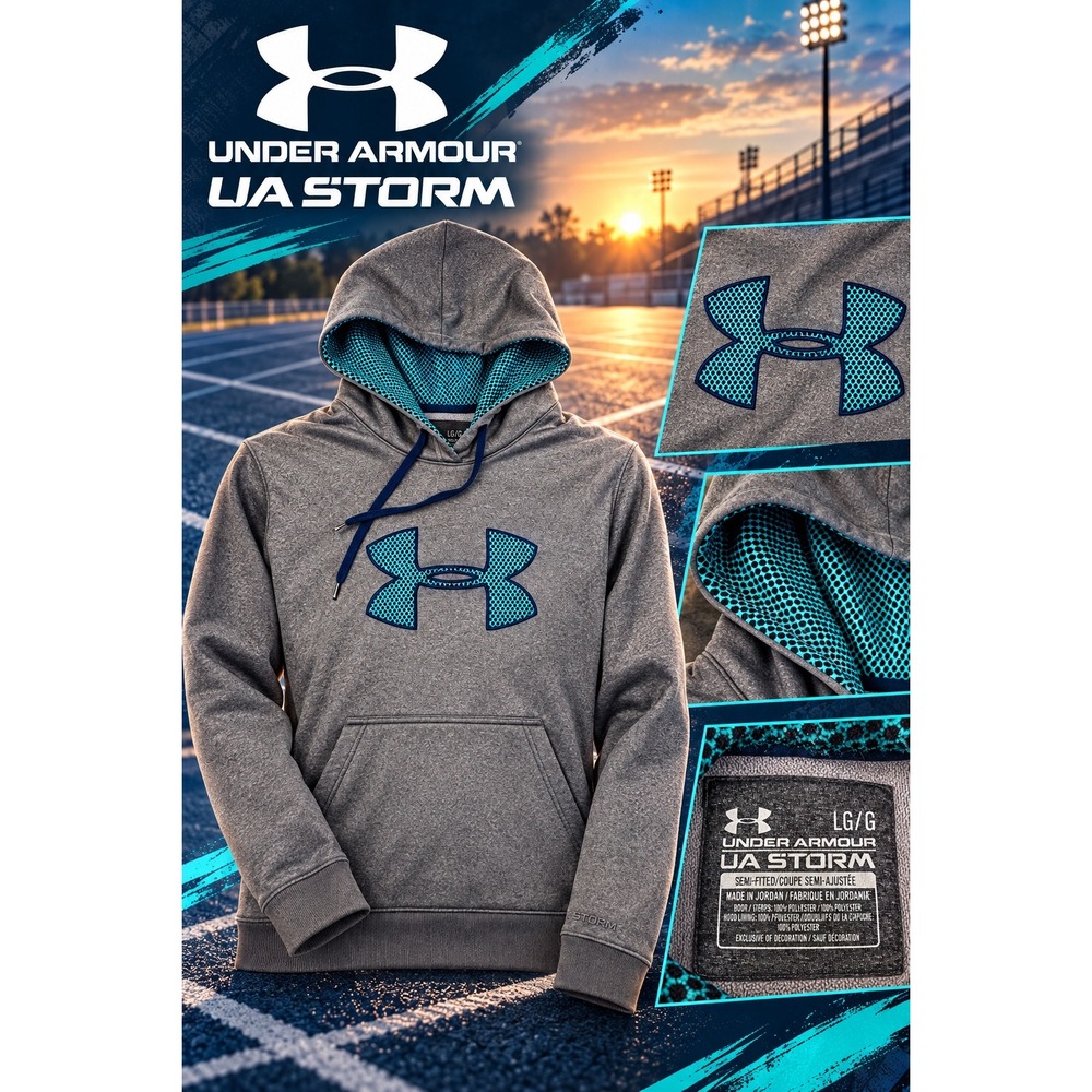 Under Armour Mens UA Storm Hoodie Grey Teal Logo Sweatshirt 1234171 Large